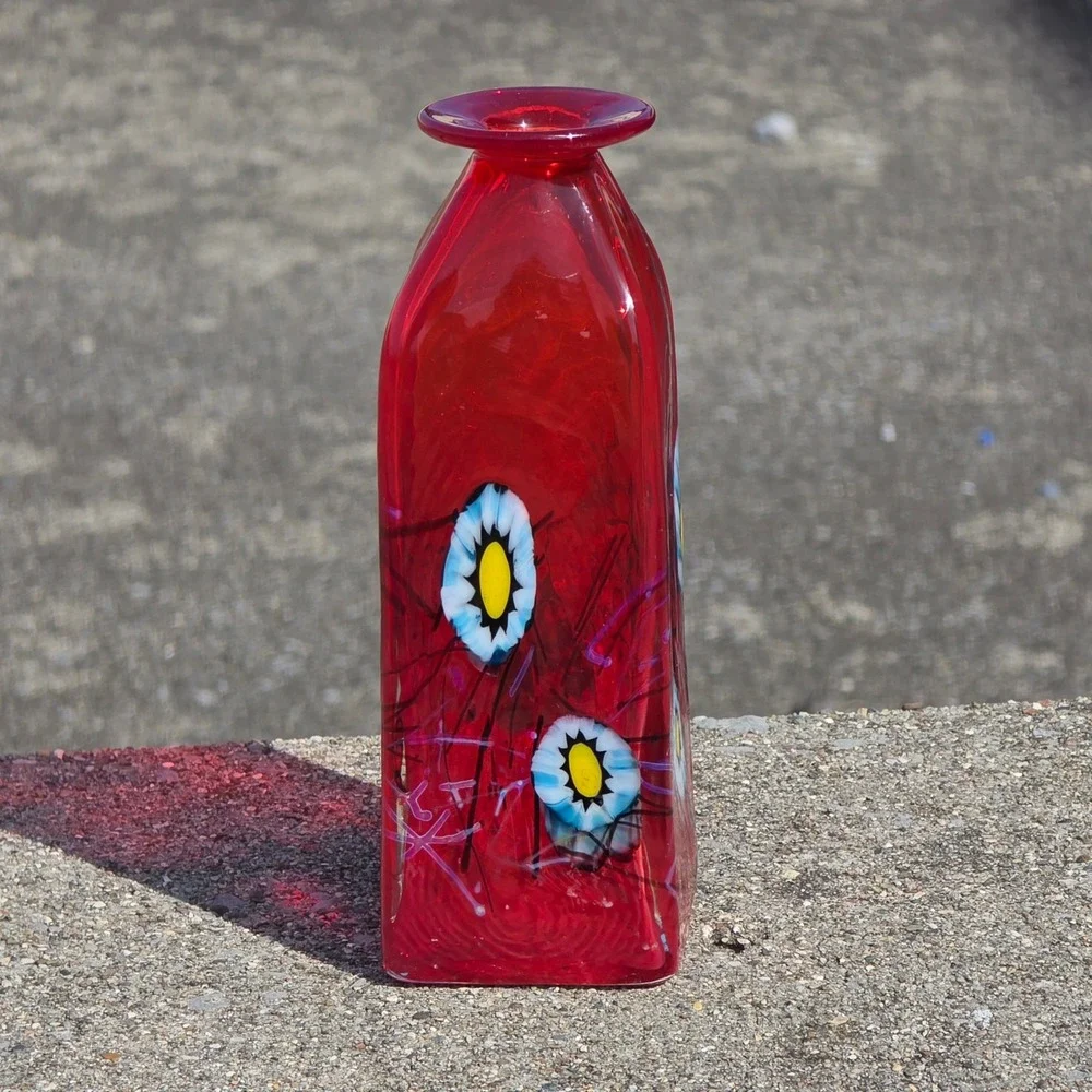 Herb A. Thomas Signed Red Art Glass Millefiori Floral Murrine Bottle Vase 6.5